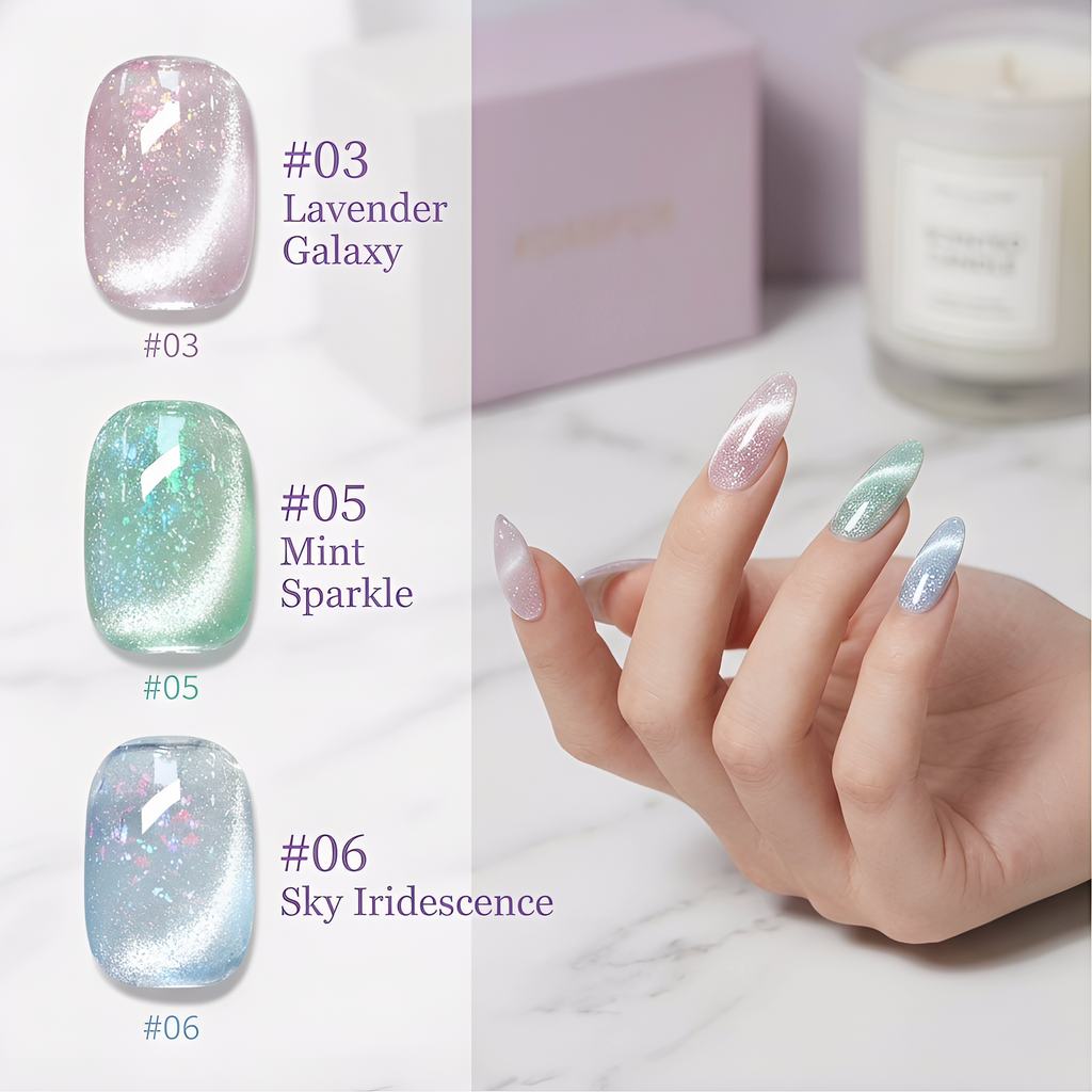 Tencoco 6 color reflective cat eye gel set for glitter nail art