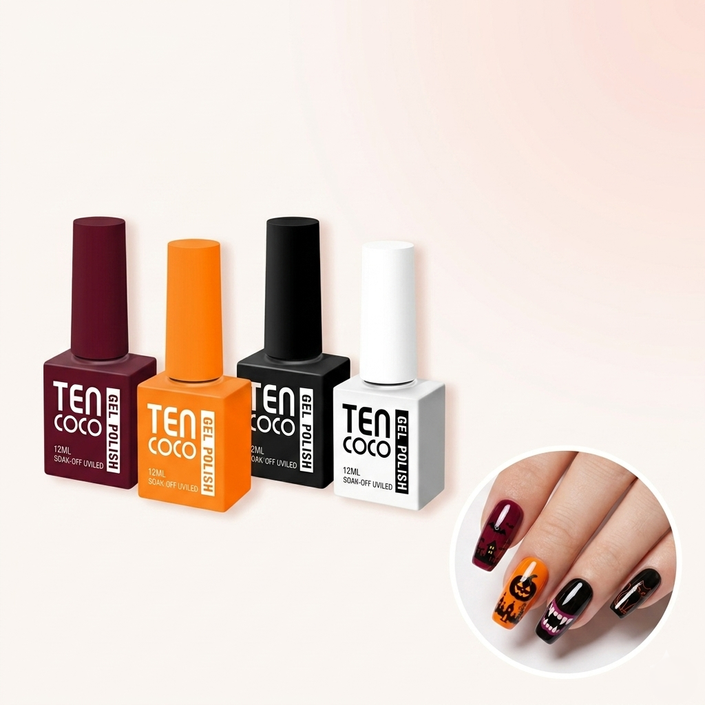 Tencoco Halloween gel nail kit with classic black, white, red and orange colors