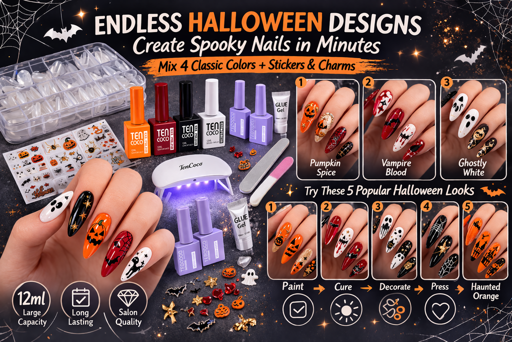 Tencoco Halloween nail art set with gel polish, press-on tips and decorations
