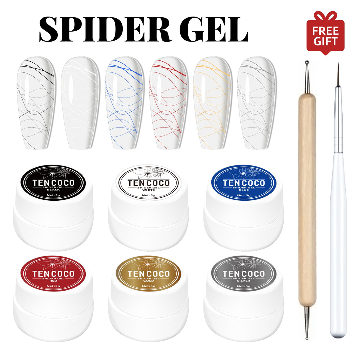 Tencoco spider gel nail art kit with liner brush and dotting pen 2